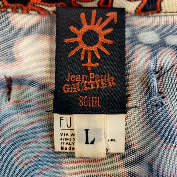 Jean Paul Gaultier Soleil Womens Earth Tone Palm Leaf Print Drape Neck S/S Top L